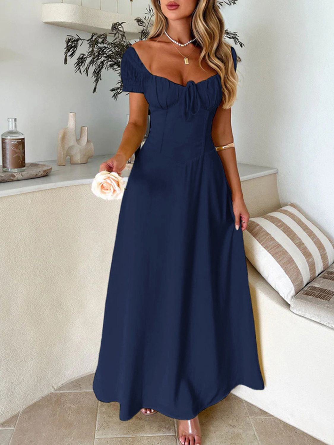 Devine Sweetheart Neck Short Sleeve Maxi Dress - Ladyez