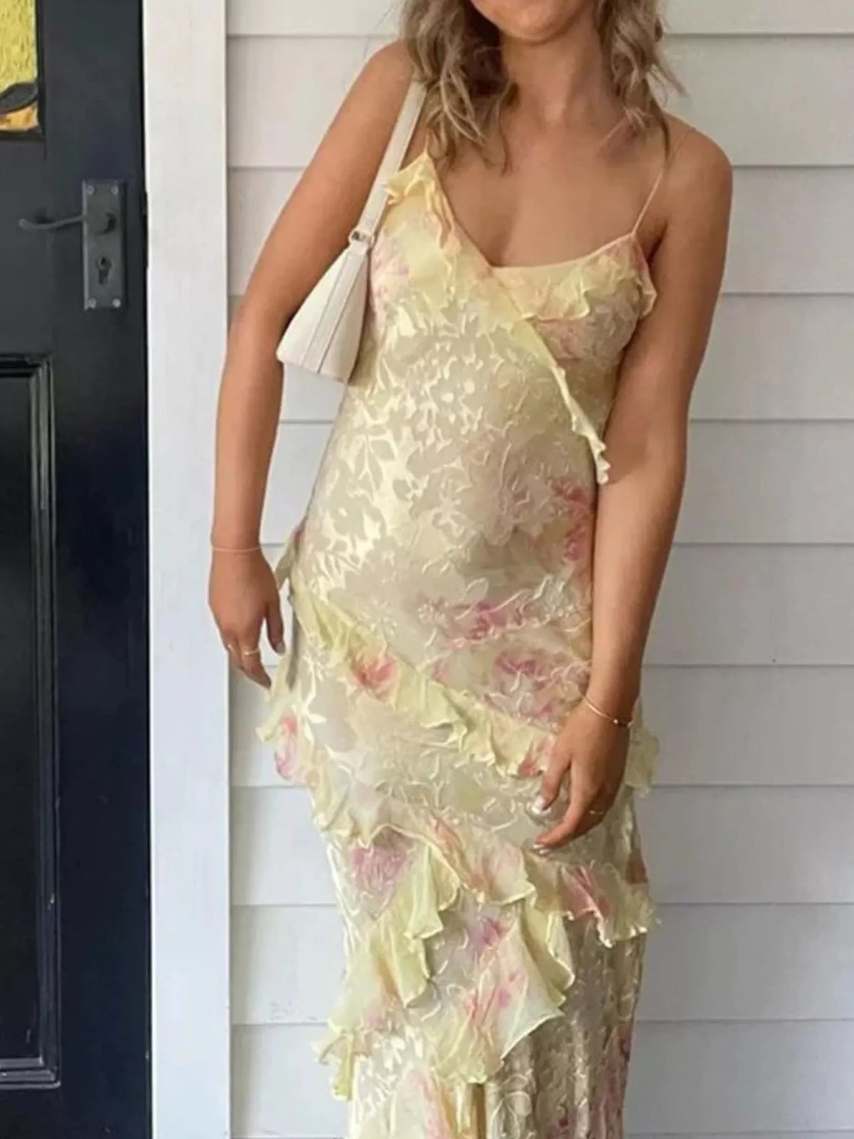 Floral Print Ruffle Trim Spaghetti Strap Maxi Dress