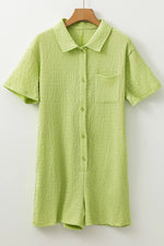 Textured Short Sleeve Patched Pocket Buttoned Romper
