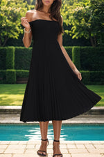 Perfee Pleated Off-Shoulder Midi Dress - Ladyez