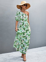 Printed Tie Waist One Shoulder Maxi Dress - Ladyez