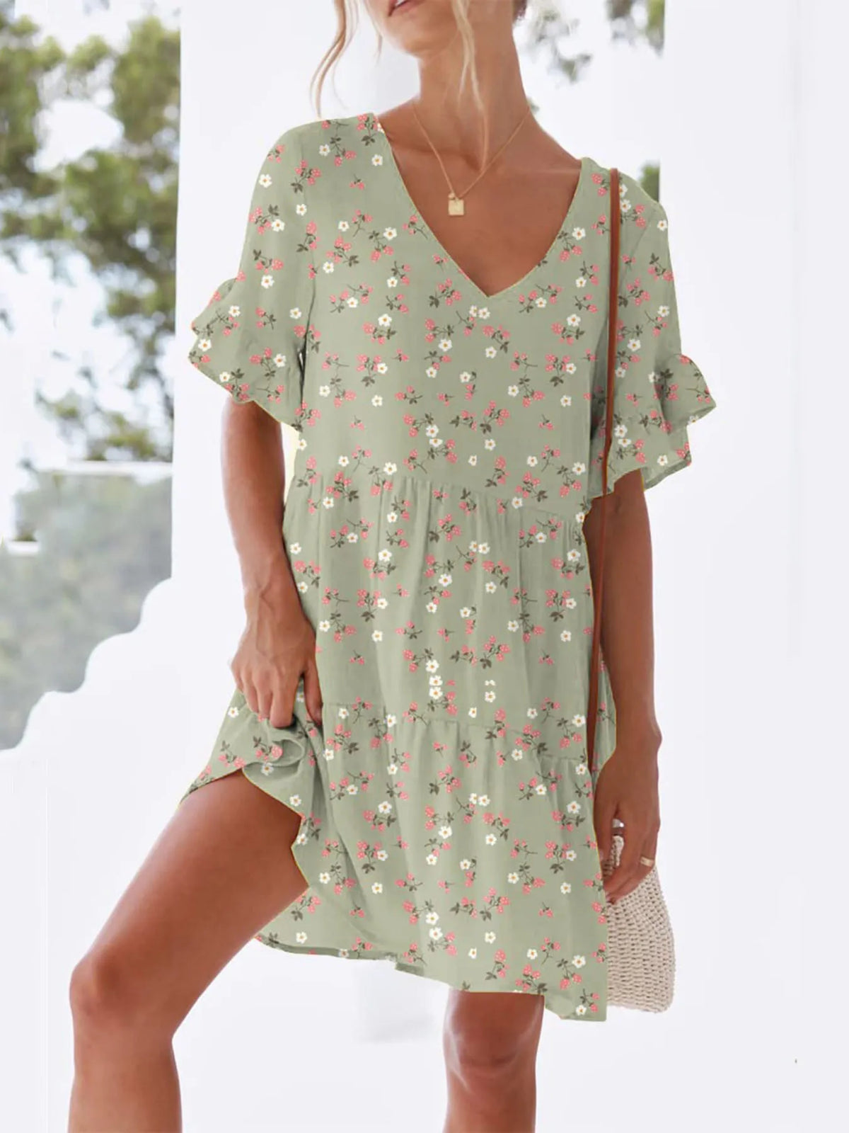 Polka Dot V-Neck Short Sleeve Mini Dress - Ladyez
