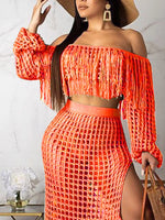 Full Size Crochet Off-Shoulder Fringe Top and Skirt Set Plus Size