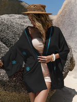 Embroidered Open Front Long Sleeve Cover Up - Ladyez