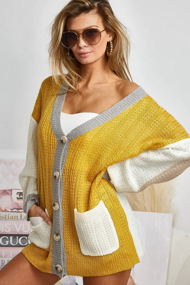 BiBi Color Block Sweater Cardigan with Button Closure