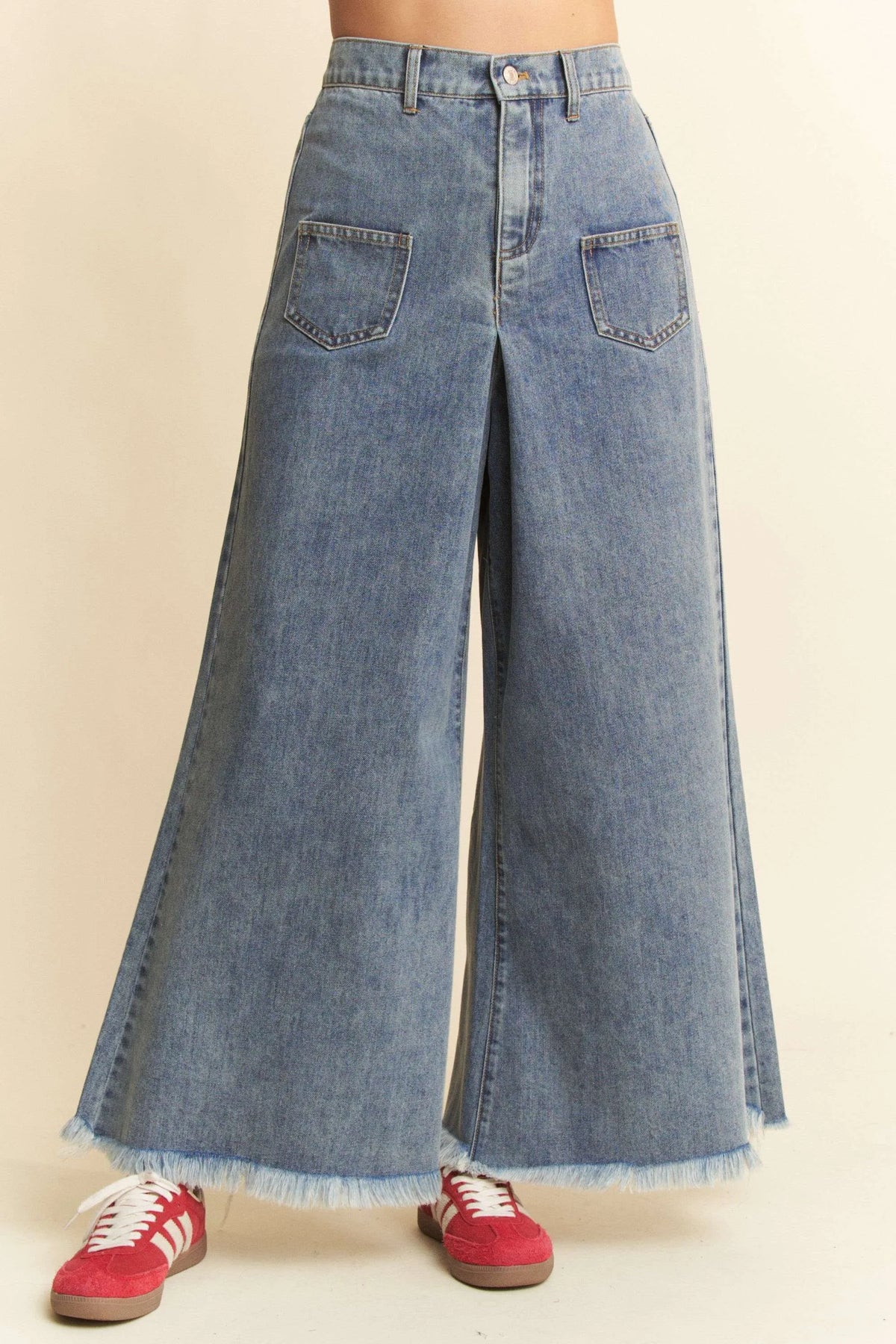 Davi & Dani Patch Pocket Wide Leg Culotte Jeans - Ladyez