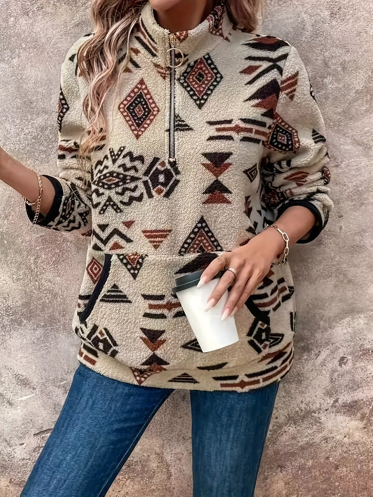 Geometric Half Zip Long Sleeve Sweatshirt