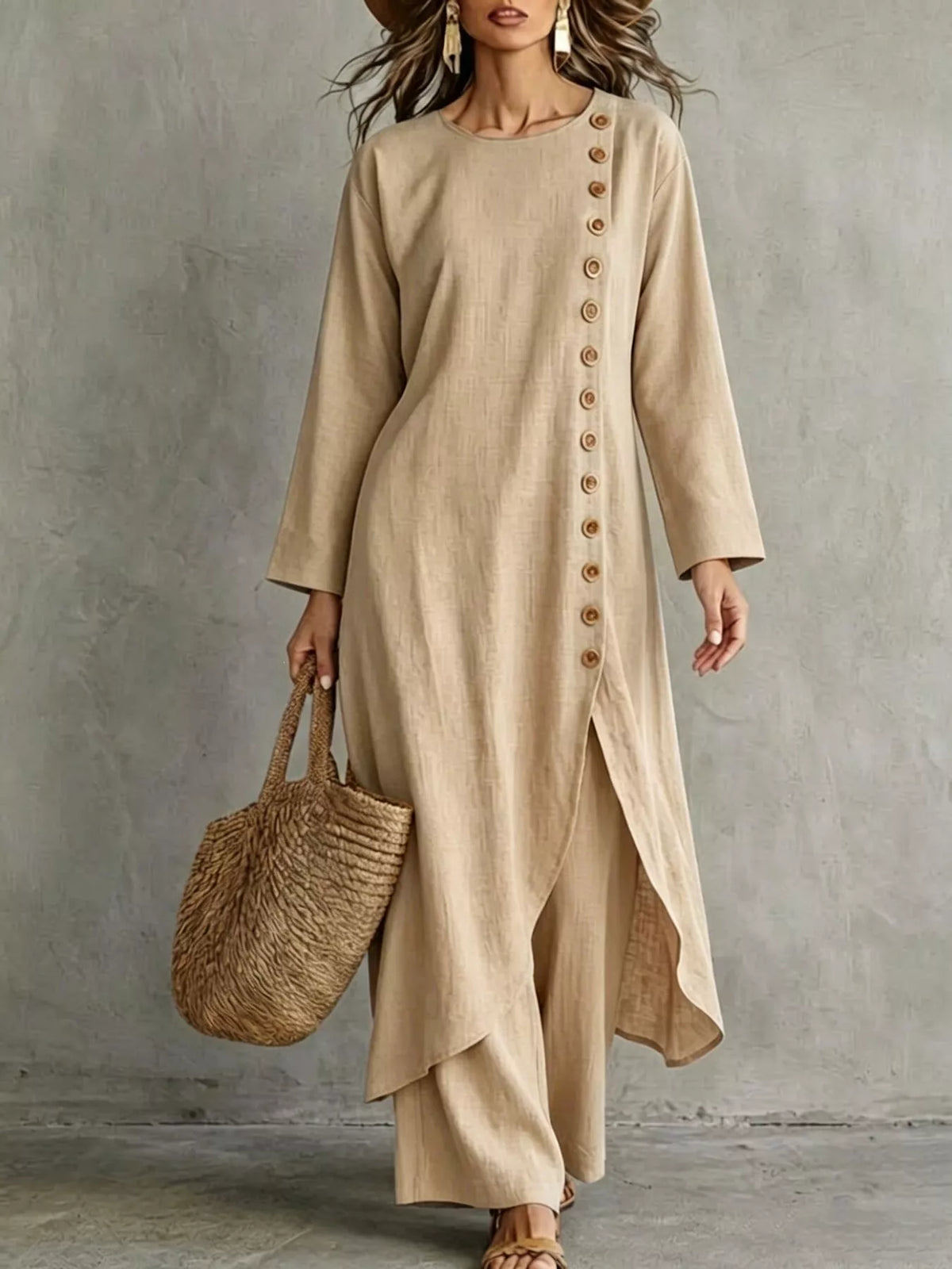 Full Size Side-Buttoned Longline Top and Pants Set Plus Size