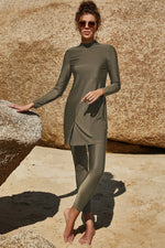Slit Mock Neck Long Sleeve Top and Pants Swim Set - Ladyez