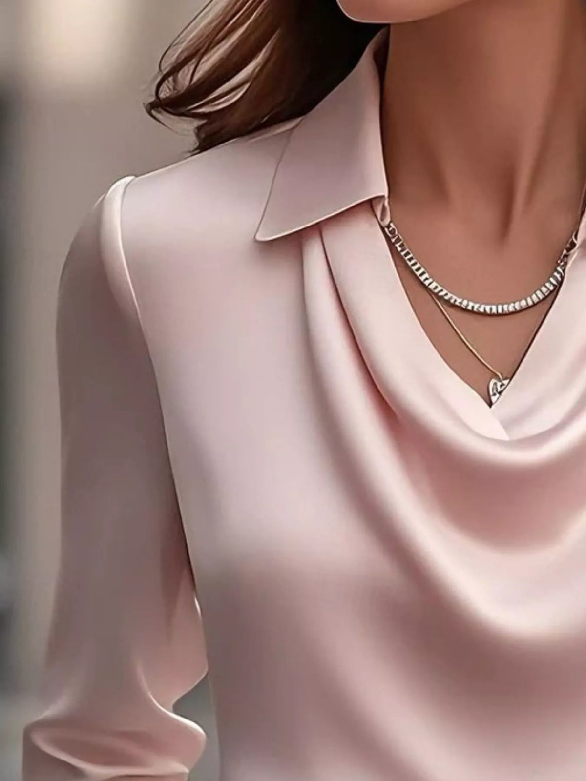 Ruched Long Sleeve Drape Collar Blouse