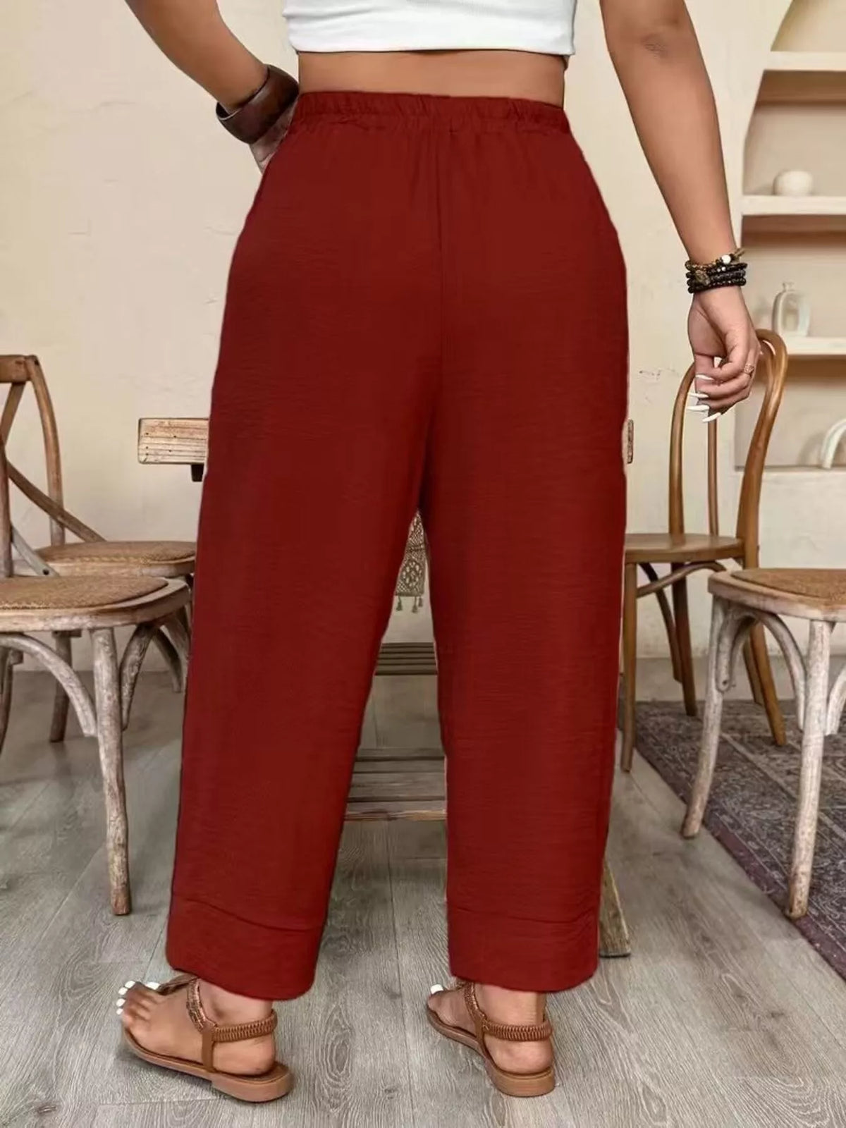 Plus Size High-Waisted Elastic Waist Pants with Pockets