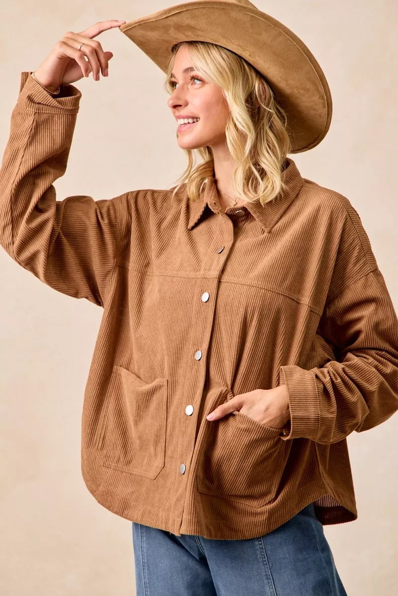 BiBi Corduroy Relaxed Fit Shacket with Back Pleat