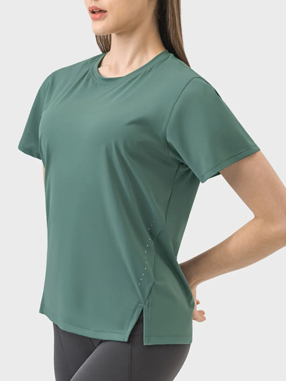 Millennia Slit Round Neck Short Sleeve Active T-Shirt - Ladyez