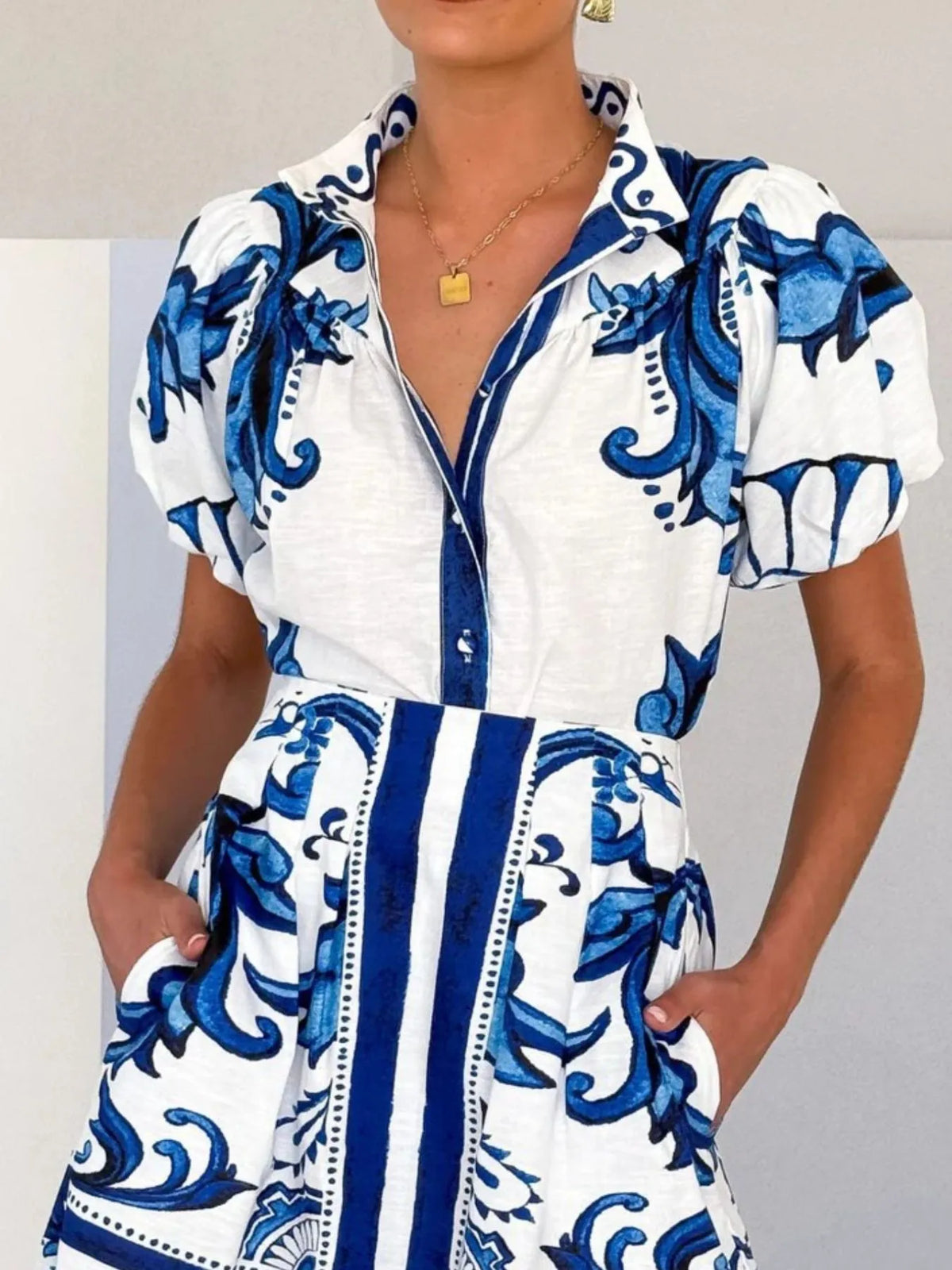 Puff Sleeve Printed Top and Zip Back Skirt Set - Ladyez
