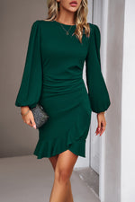 Devine Ruched Ruffled Balloon Sleeve Mini Dress - Ladyez