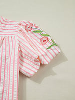 Stripe Print Floral Embroidered Puff Sleeve V Neck Blouse