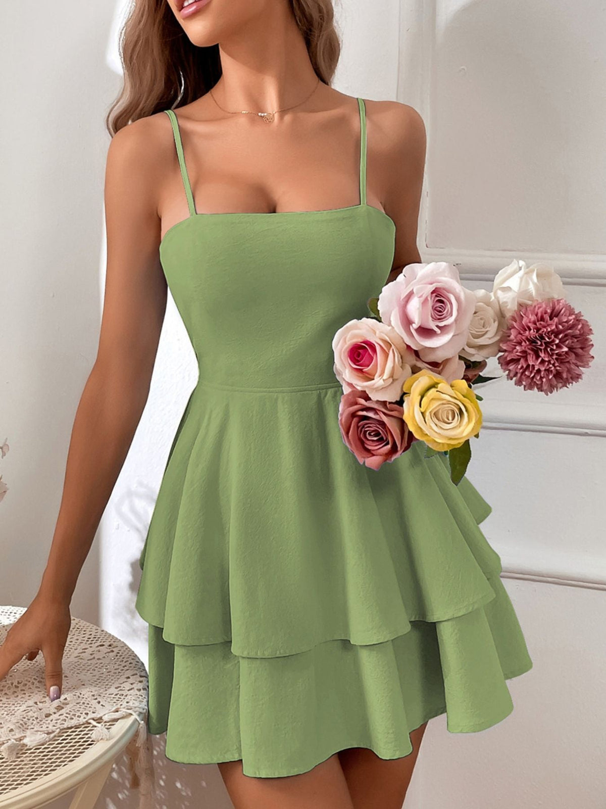 Tie Back Layered Ruffle Hem Mini Dress