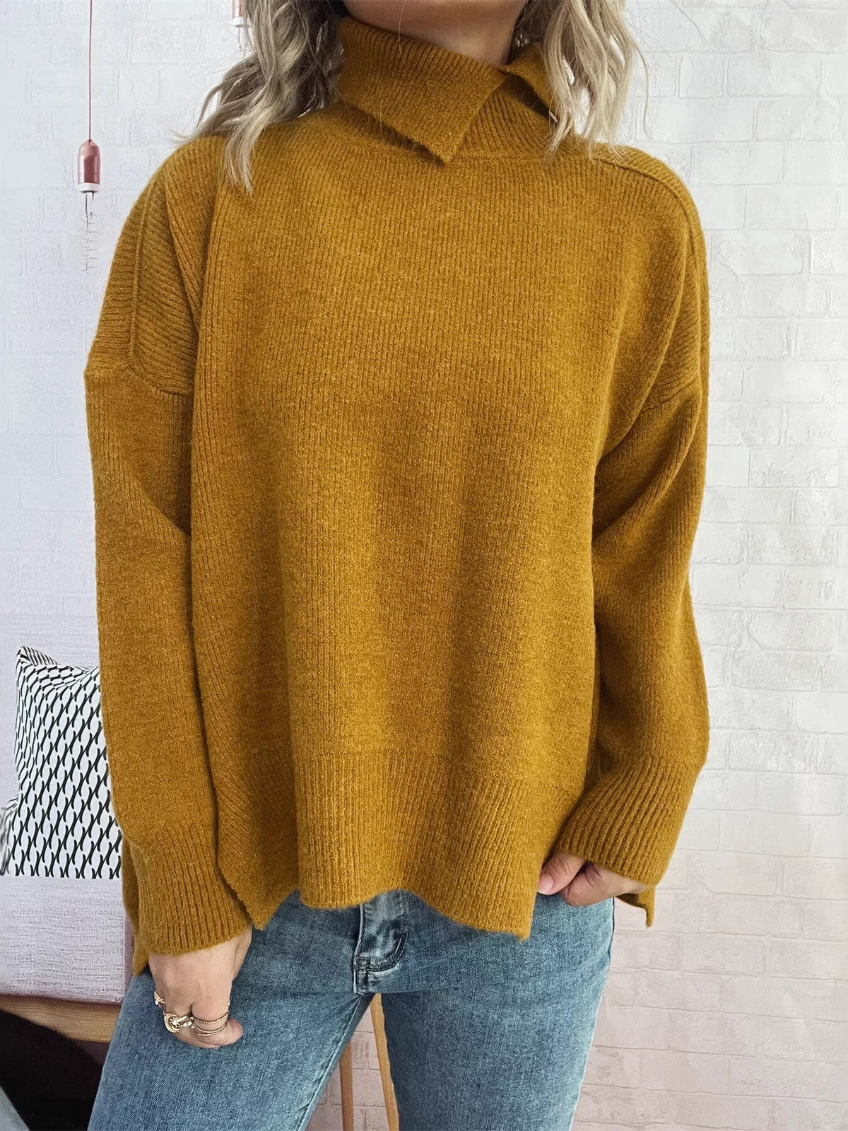 Slit Turtleneck Long Sleeve Sweater