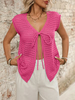 Tied Front Openwork V-Neck Knit Top