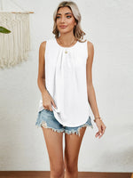 Round Neck Sleeveless Top with Pleated Front Detail - Ladyez