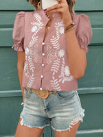Embroidered Frill Notched Short Sleeve Blouse - Ladyez