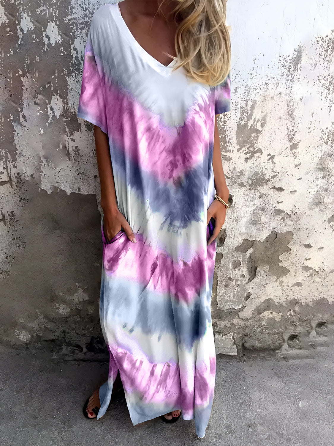 Full Size Pocketed Tie-Dye Short Sleeve Dress - Ladyez