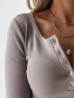 Button Detail Long Sleeve T-Shirt - Ladyez