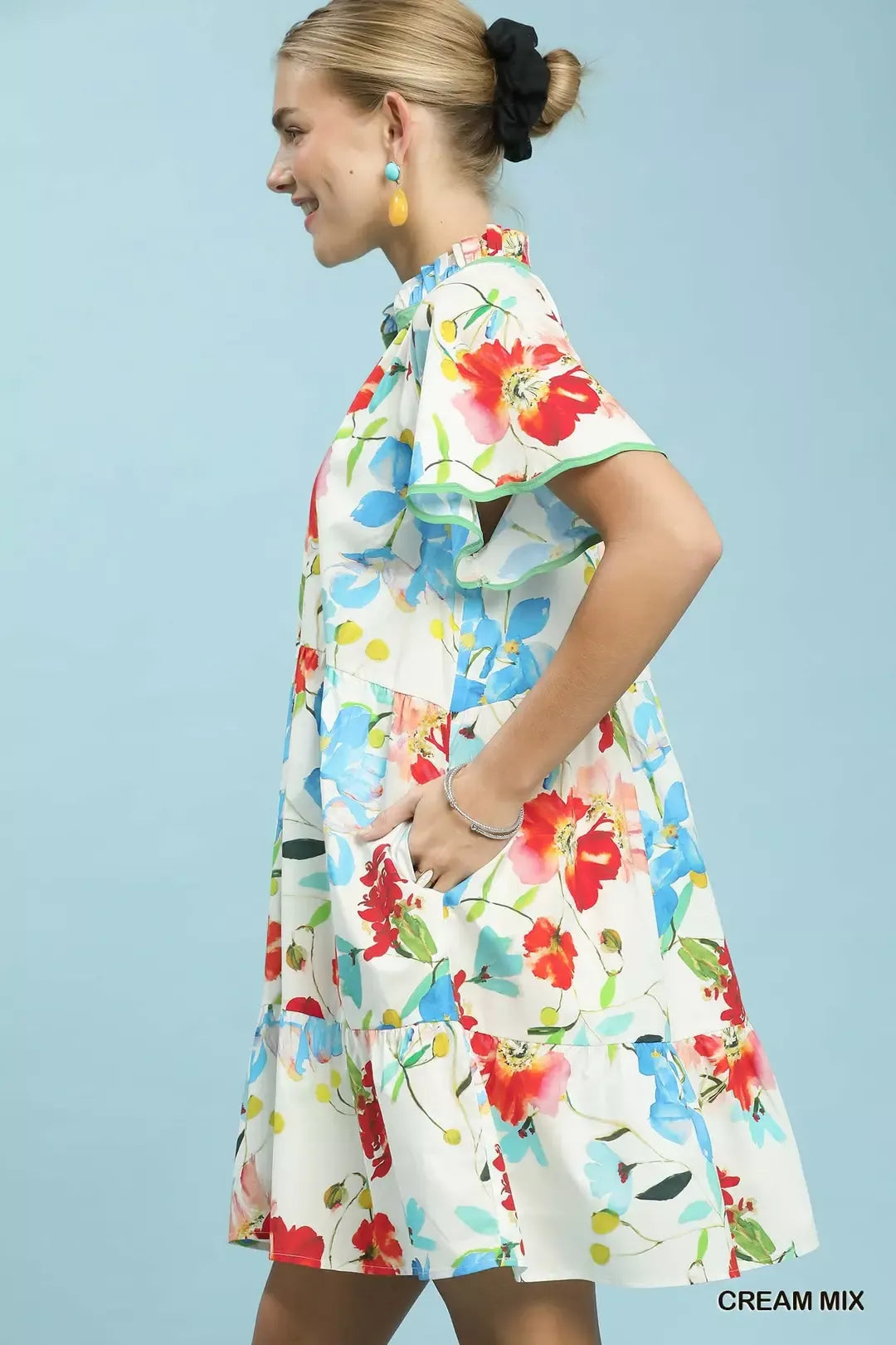 Umgee Watercolor Floral Print Dress with Contrast Trim