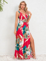 Slit Tied Printed Surplice Dress - Ladyez