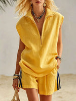 Full Size Zip Front Sleeveless Top and Striped Shorts Set Plus Size