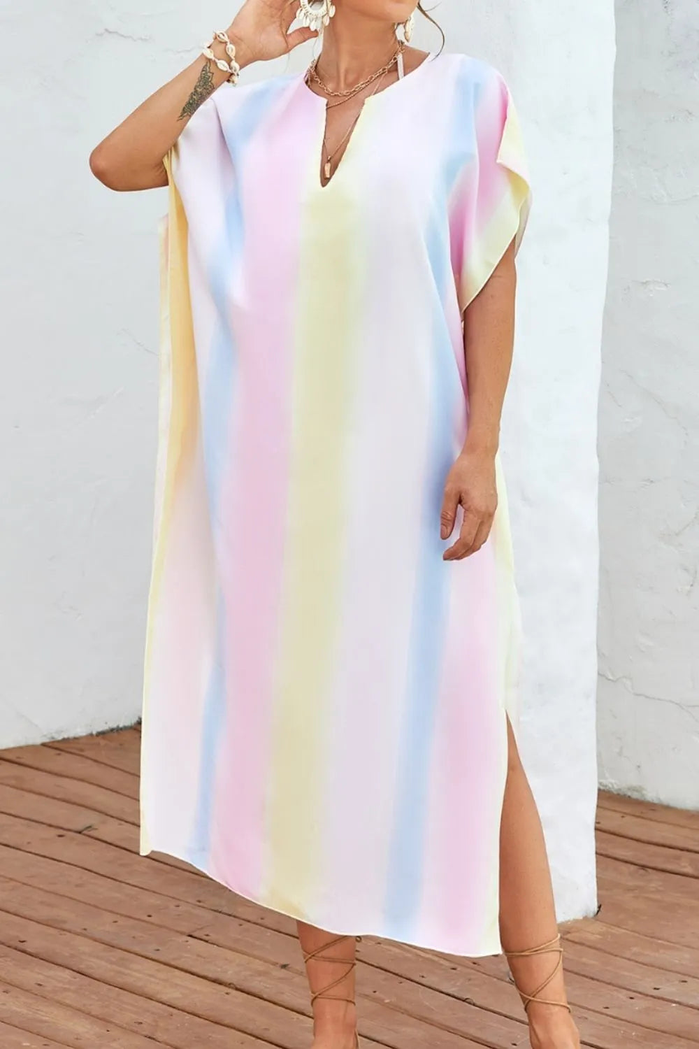 Slit Striped Notched Short Sleeve Cover Up - Ladyez