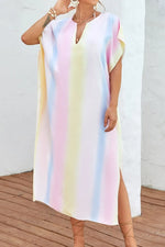 Slit Striped Notched Short Sleeve Cover Up - Ladyez