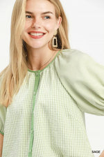 Umgee Checker Puff Sleeve Button Front Blouse