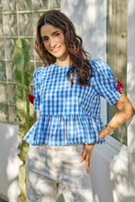 SO ME 4th Of July Gingham Ribbon Detail Short Sleeves Blouse