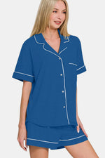 Zenana Button Down Short Sleeve Top and Shorts Lounge Set - Ladyez