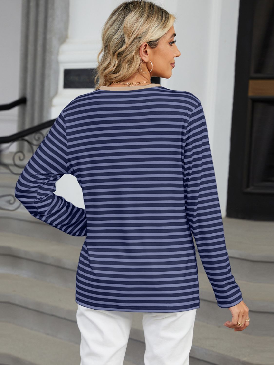Striped Notched Long Sleeve T-Shirt - Ladyez