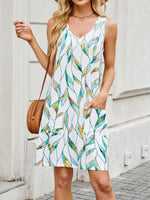 Printed V-Neck Sleeveless Mini Dress with Pockets - Ladyez