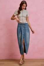SO ME Pleated Washed Denim Skirt With Front Slit