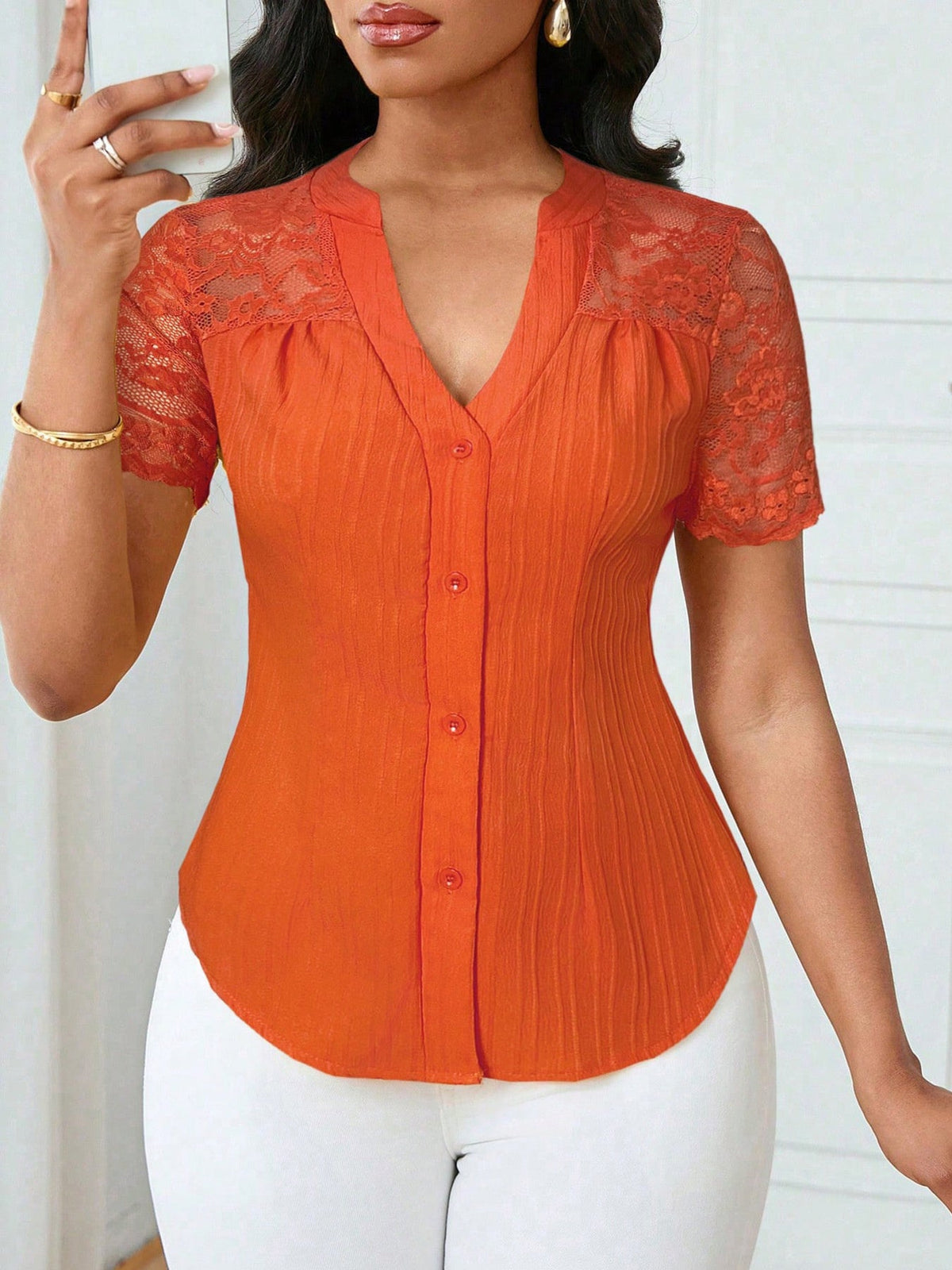 Lace Sleeve Button Up Shirt