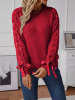 Ribbon-Tie Sleeve Round Neck Sweater