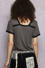 POL Lace Detail V-Neck Short Sleeve Textured T-Shirt