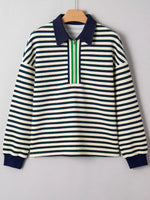 Striped Print Contrast Collar Zip V Neck Long Sleeve Top