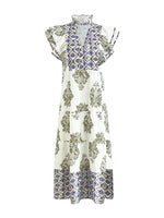 Printed Notched Ruffled Cap Sleeve Dress