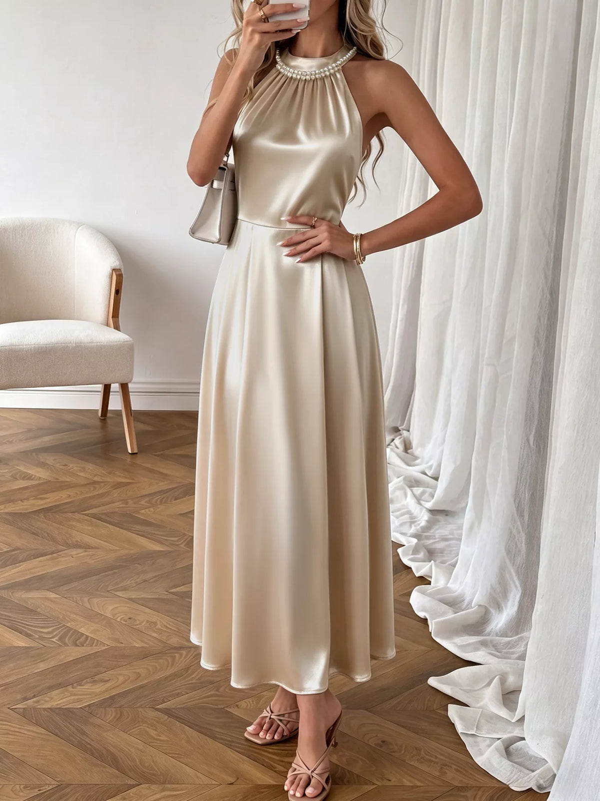 Pearl Halter Satin Midi Dress