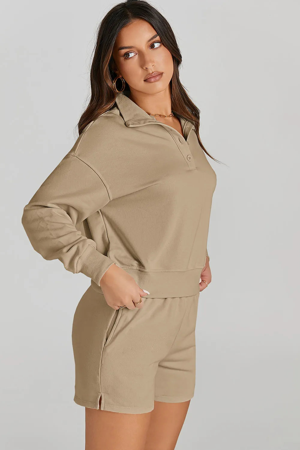 Half Button Sweatshirt and Shorts Active Set - Ladyez