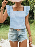 Gingham Ruffle Sleeve Square Neck Blouse