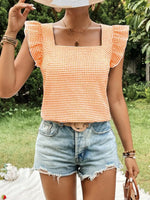 Gingham Ruffle Sleeve Square Neck Blouse