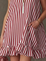 Striped Zipper Neck Ruffle Hem Dress