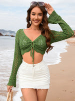 Drawstring Openwork Long Sleeve Cover-Up - Ladyez