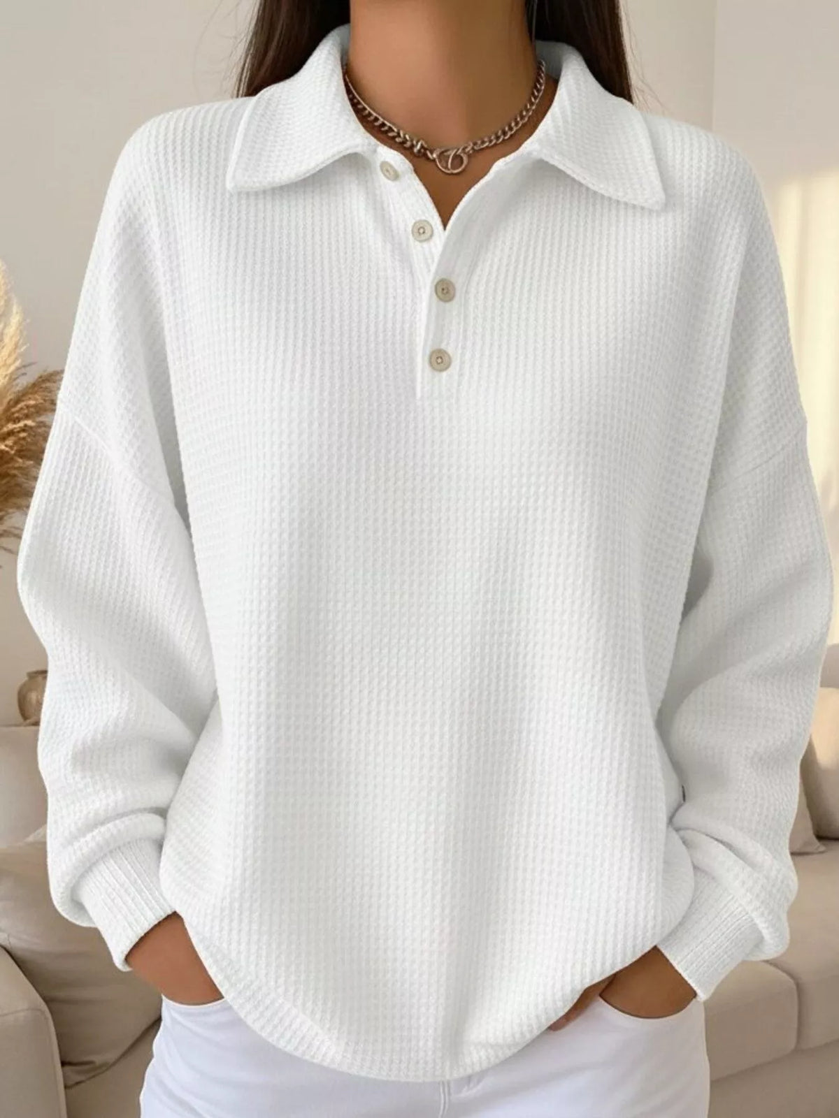 Full Size Waffle Knit Button Detail Top Plus Size